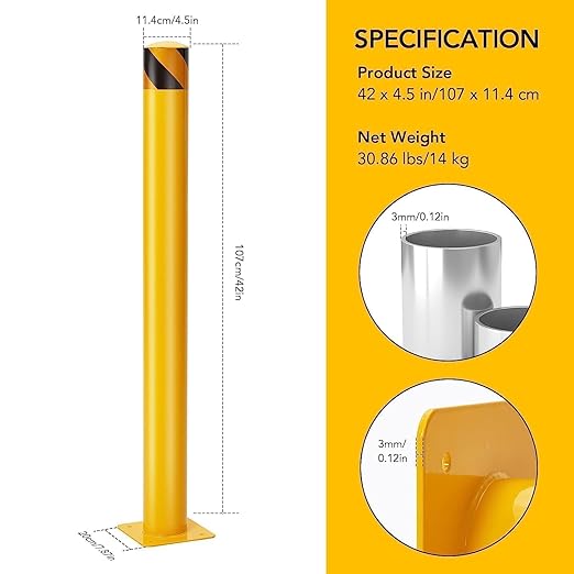 4-Pack 42 Inch Steel Safety Bollard Post, 4.5 Inch Diameter Metal Safety Bollard with 16 Anchor Bolts for Driveway Barrier, Parking Pole, Traffic Control