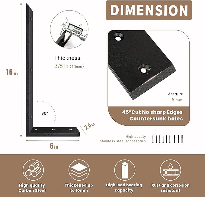 Countertop Support Bracket 16 Inch 4 Pack Countertop Bracket for Granite 3/8" Thick 16"x6"x2.5" Heavy Duty L Brackets Shelf Brackets Metal Corbels for Quartz/Granite/Wood/Concret/ Laminate Countertops