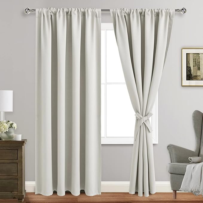 JIUZHEN Blackout Curtains for Bedroom - Thermal Insulated Room Darkening Noise Reducing, 52 x 84 Inch Length Curtains for Living Room, Set of 2 Panels with Tiebacks,Ivory