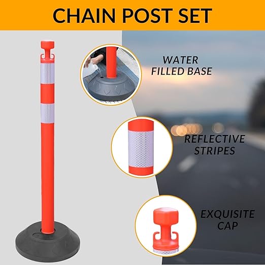 6 Pack 40 Inch Traffic Delineator Posts with Fillable Base and 6.6FT Plastic Chain, Safety Delineator Post Cones with 2 White Reflective Stripes for Construction Work (Red)