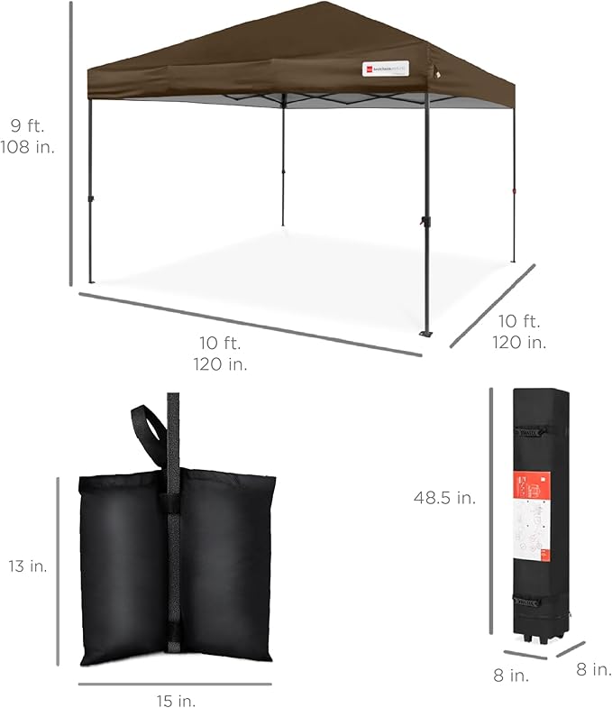Best Choice Products 10x10ft 1-Person Setup Pop Up Canopy Tent Instant Portable Shelter w/ 1-Button Push, Case, 4 Weight Bags - Brown