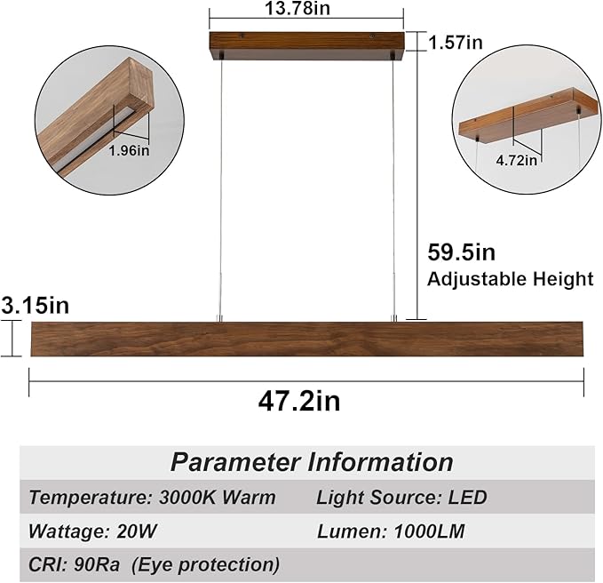 EDISLIVE Wood Linear LED Pendant Light Dimmable LED Chandelier 47.2 in Adjustable Linear Hanging Light Fixture 3000K 25W Island Light for Dinning Room Kitchen
