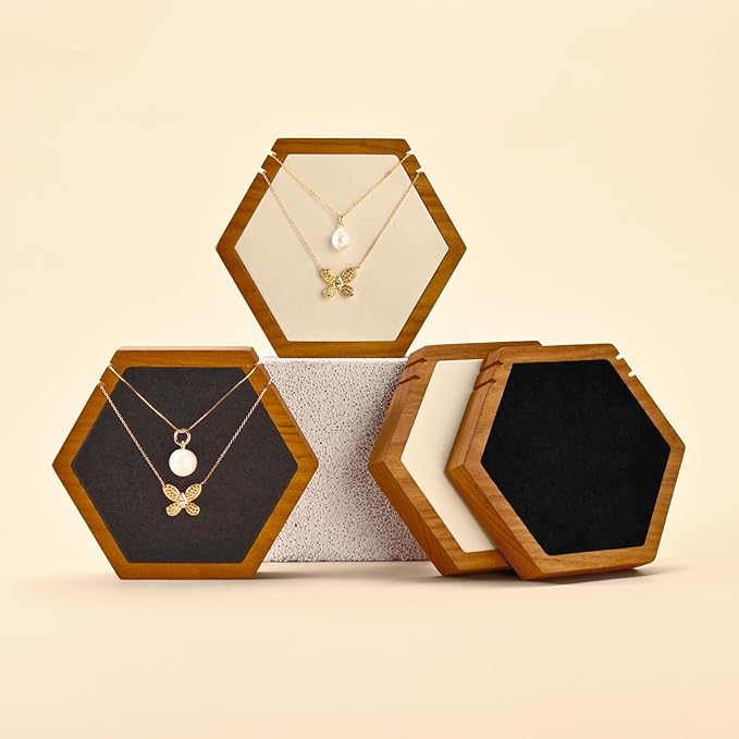 Solid Wood Hexagon Necklace Holder Stand Retail Hanging Jewelry Necklace Stand Display for Vendors(Beige)