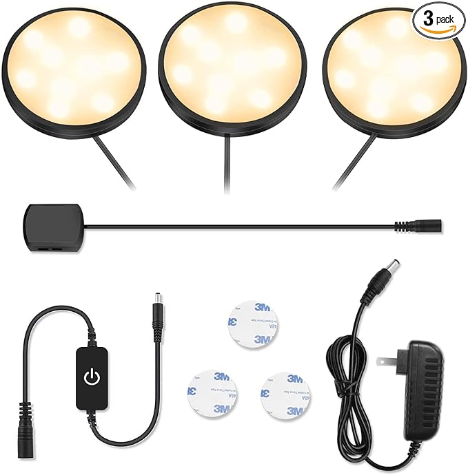 YGS-Tech LED Puck Lights, Under Cabinet Lighting Black Trim, 3000K Warm White, CRI90+, Touch Dimming, All Accessories Included, Under Counter Lighting for Kitchen, Closet Lights, Safe Light, 3-Pack