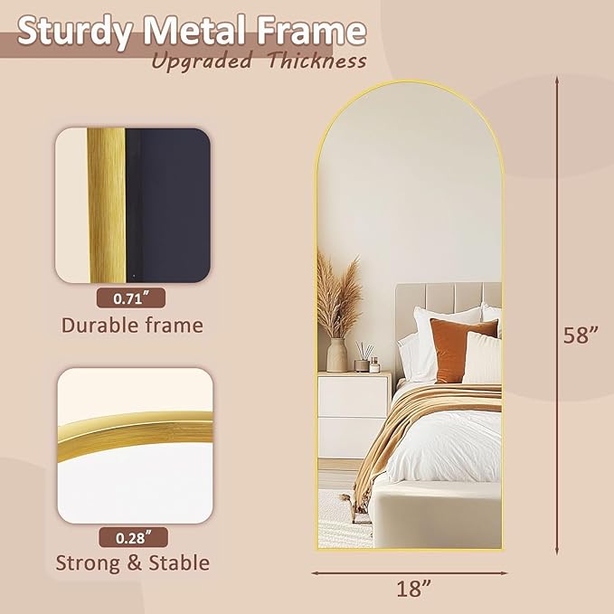 Full Length Mirror, 59" x 18" Arched Full Body Mirror Large Standing Floor Mirrors, Mirrors for Bedroom, Bathroom, Living Room Standing or Wall Leaning, Gold