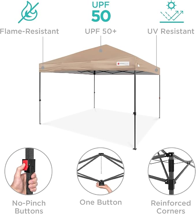 Best Choice Products 10x10ft 1-Person Setup Pop Up Canopy Tent Instant Portable Shelter w/ 1-Button Push, Case, 4 Weight Bags - Tan
