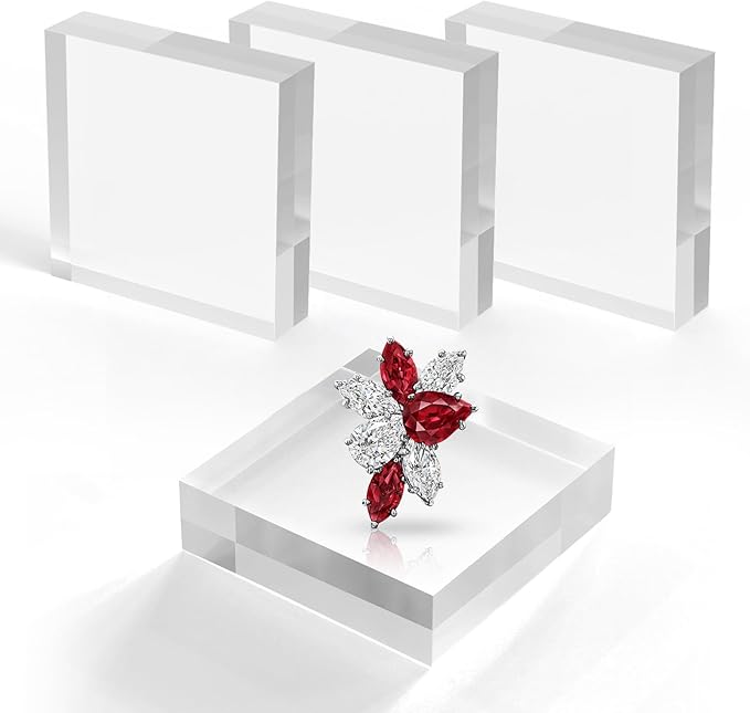 Acrylic Base Stand 4 Pieces Acrylic Blocks for Display 4 X 4 X 1 Inch Clear Polished Block Square Cube Riser Display Pedestal Stands for Jewelry Perfume Ring Collection Props Cake