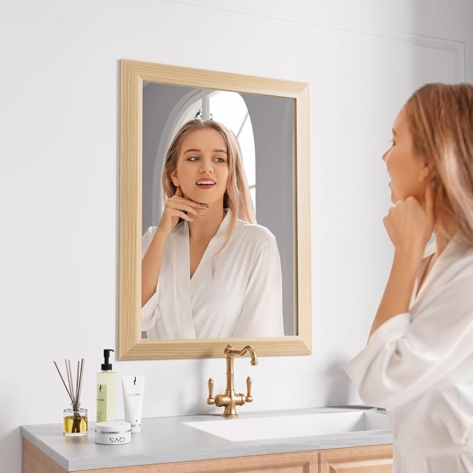 Amorho Bathroom Mirror for Wall, 22" X30" HD Reflection Metal Framed Mirror, Anti-Rust, Hang Horizontally/Vertically, Suitable for Bedroom, Farmhouse, Bathroom, entryway (Oak Wood Grain)