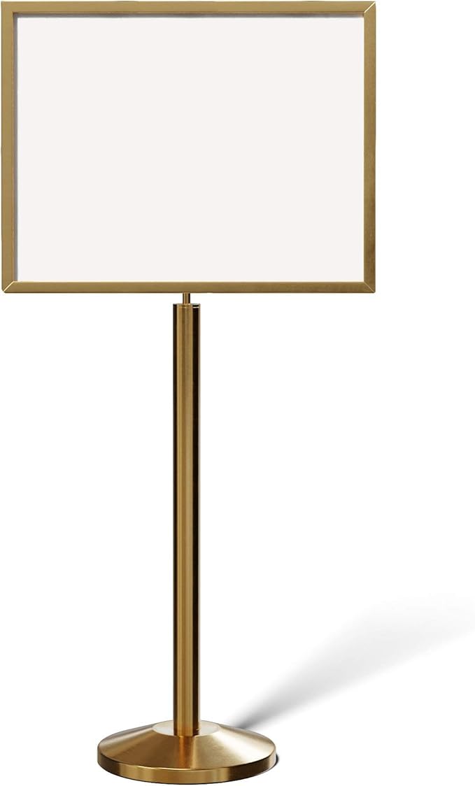 Crowd Control Warehouse Pedestal Standing Floor Sign Frame with Sloped Base, 22 x 28 Inch Horizontal, Satin Brass