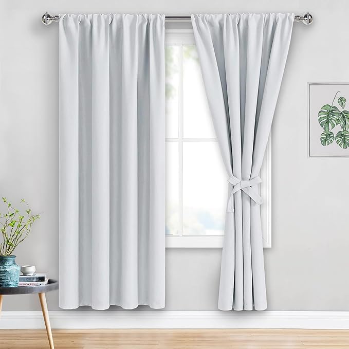 JIUZHEN Curtains for Bedroom - Thermal Insulated Window Treatment Drapes, Room Darkening Rod Pocket Curtains for Living Room, Set of 2 Panels with Tiebacks, 52 x 72 Inch Length, Greyish White