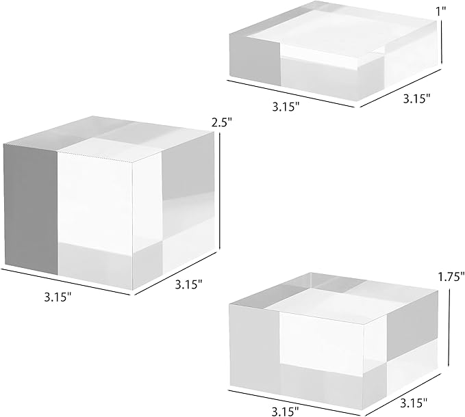 Acrylic Display Stands, 3 Graduated Sizes Acrylic Block Riser for Displaying Collection, Crystal Clear Acrylic Cube Pedestals for Jewelry Glass, Gem and Collectables, 1set