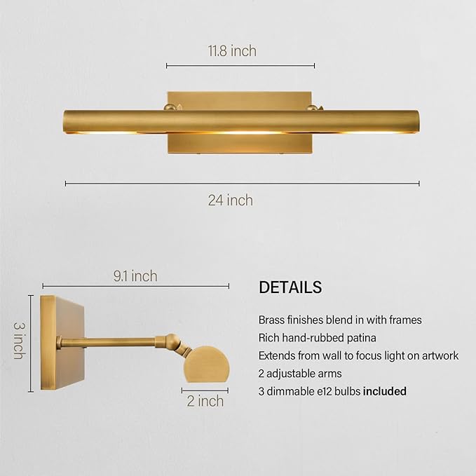 Brass Picture Light for Wall: 24-Inch Hardwired Dimmable Vintage Brushed Gold Gallery Art Lighting over Pictures Frame - Antique Portrait Artwork Painting Display Spotlight Modern Photo Poster Lights