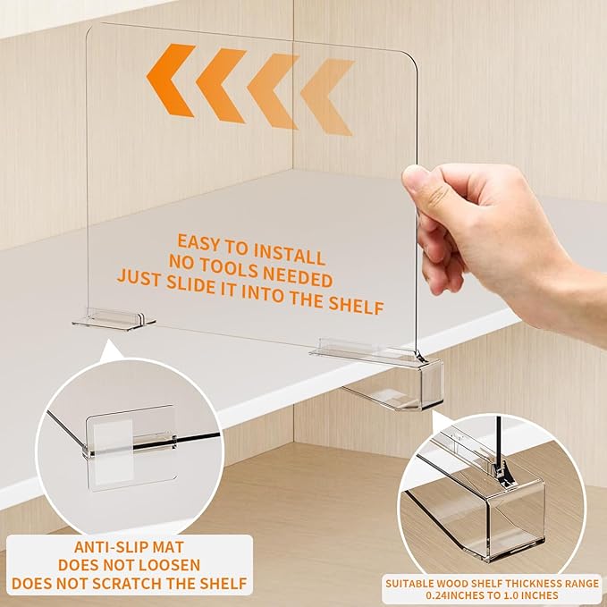 Yieach 6 Pack Acrylic Shelf Dividers for Closet Organization,Towel,Sweater,Purse Organizer - Adjustable Height - Vertical Shelf Separators for T Shirt,Clear Closet Shelf Divider for Wood Shelves