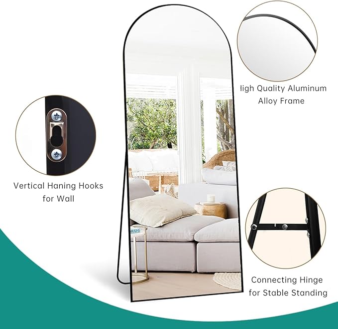 TinyTimes Full Length Mirror, 71''x30'' Floor Mirror with Stand, Arched Wall Mounted Mirror, Large Full Body Mirror with Aluminum Frame Hanging or Leaning for Bedroom, Living Room, Cloakroom (Black)