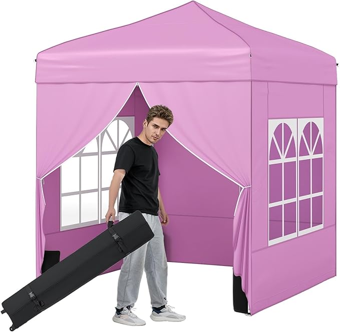Tangkula 6.5x6.5 FT Pop Up Canopy, UPF50+ Outdoor Canopy Tent with 2 Removable Sidewalls, 2 Zippered Doors, Heavy-Duty Carbon Steel Frame, Wheeled Bag, 4 Sandbags, 8 Stakes, 4 Wind Ropes (Pink)