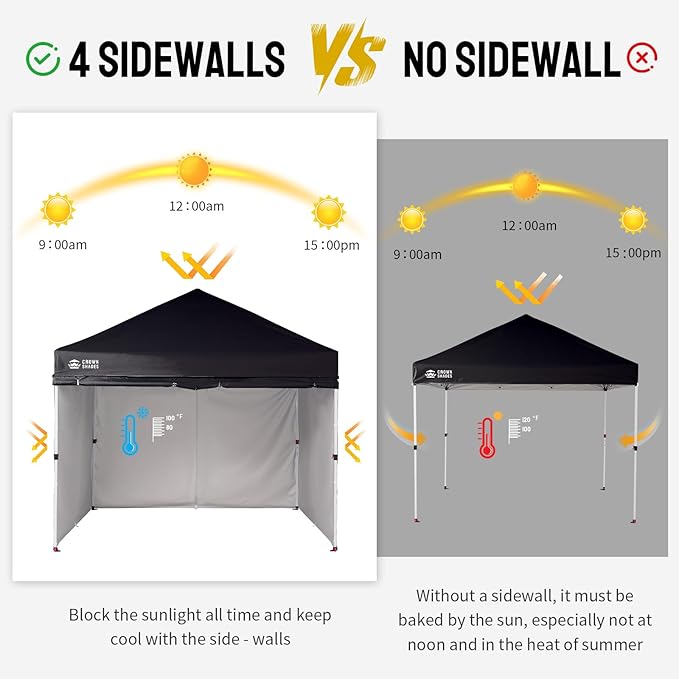CROWN SHADES 10X10 Comercial Instant Canopy Pop Up Tent with Center Lock, 300D Fabric, 4 Sidewalls, Sto'N Go Bag, Black