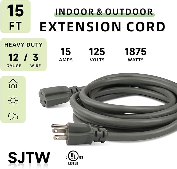 EP 15 Ft Outdoor Extension Cord, 12/3 SJTW Heavy Duty Extension Cable with 3 Prong Grounded Plug, 15 AMP Power Cord for Lawn, Garden, Appliances, Gray