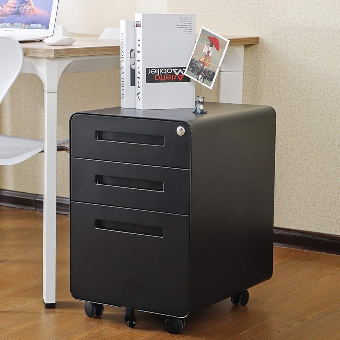 3 Drawer Mobile File Cabinet with Lock, Under Desk Metal Filing Cabinet for Home Office, Assembled Removable Under Desk Storage with Wheels for A4-Size/Letter-Size/Legal-Size (Black)