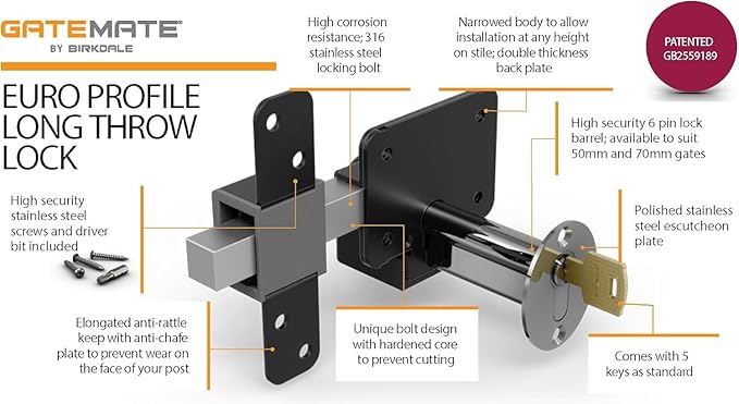 GateMate 2”(50mm) Double Locking Long Throw Lock, High Security, Stainless Steel, Corrosion Resistant, Ideal for Doors and Gates, Robust and Durable Locking Mechanism.