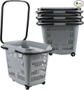 4 PCS Plastic Shopping Baskets with Wheels and Handles, 50 L Portable Rolling Shopping Basket Cart for Supermarkets and Retail Stores, Gray