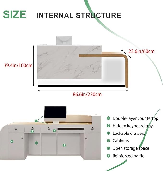 Modern Reception Desk with Counter Front Reception Table with Hidden LED Lighting Commercial Receptionist Desk White and Wood Checkout Counter Fully Assembled and Ready to Use 87inch