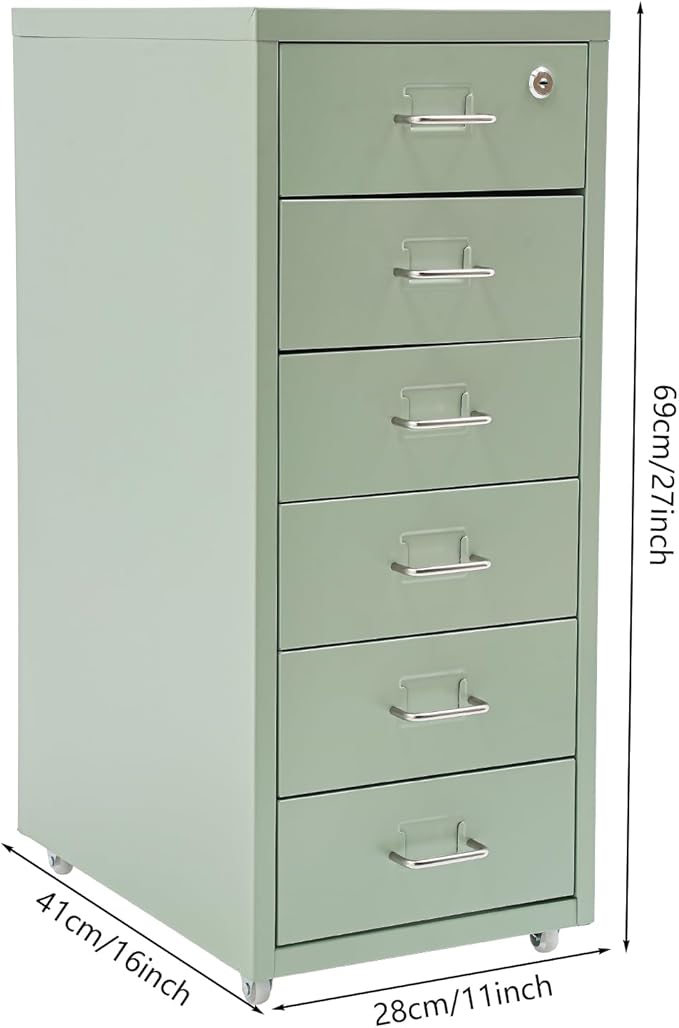 Vertical File Cabinet with 6 Drawer, Metal File Cabinet with Lock Filing Storage with Mobile Casters for A4 Legal/Letter Size Narrow