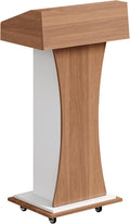 Mobile Wooden Podium Stand with Lockable Wheels Modern Presentation Blockboard Lectern Black Walnut Color with Storage Shelves for Office, Church, Classroom, Conference Room