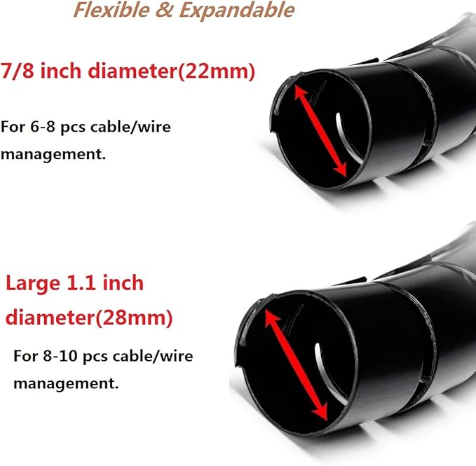 Computer Cable Sleeve Cord Management Organizer Large Black Wire Wrap Tube Under Desk Cord Covers Protectors Pets Chew Proof (1.1 inch and 7/8 inch) 5 Feet Long, TV Office Wire Wrap Solutions