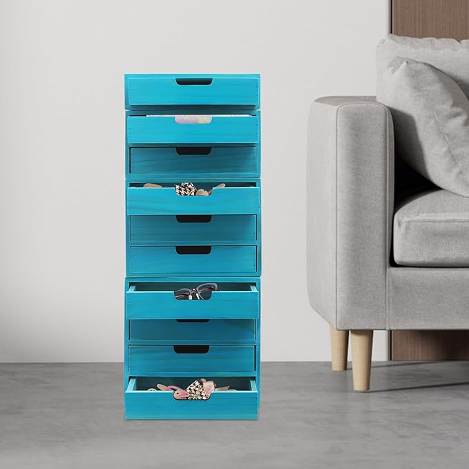 4-piece Drawer Cabinet, Organizer Sorter Container Keeper Unit Storage Box Stackable Chest Divider Shelf System with 10 Drawers & 4 Stackable Units for Home Office Study Room Dorm Bedroom(Blue)