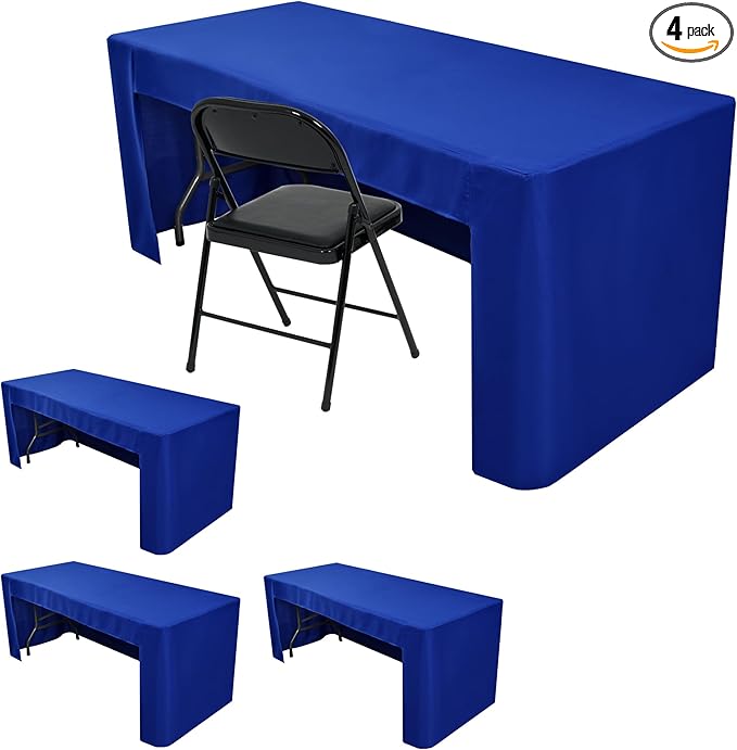 Open Back Fitted Tableclothss for 8 Foot Rectangle Table, 3-Sided Solid Table Covers 96x30 Inch for Craft Fairs, Banquets, Trade Show Display, Royal Blue,4 Pcs