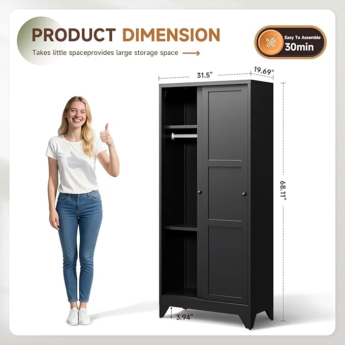 Letaya Metal Wardrobe Cabinets,68" Tall Armoire Wardrobe Closet with Sliding Barn Doors and Shelves,Large Coat Closet Cabinet with Hanging Rod,Clothing Storage Cabinets for Home Room (Black)
