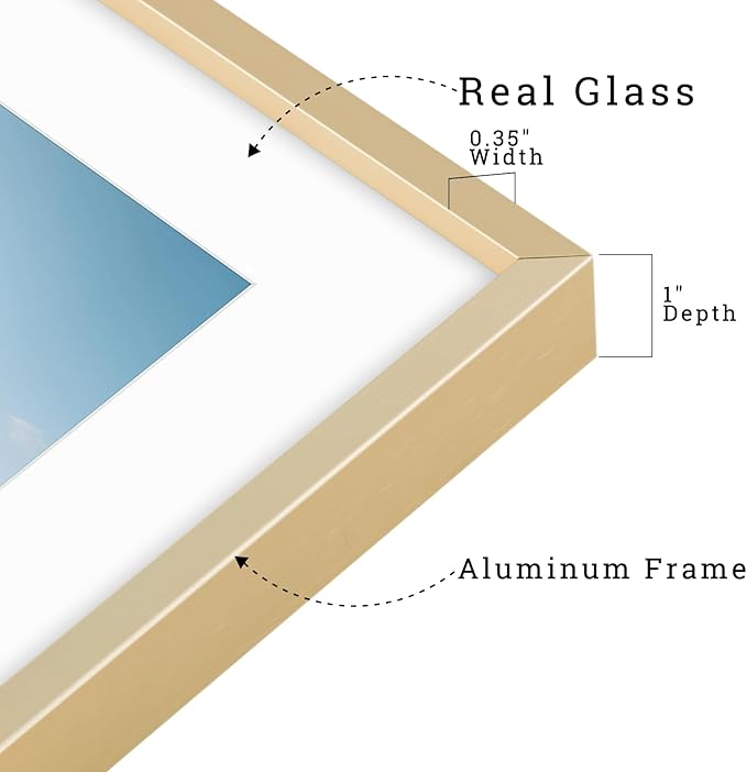 Frametory, 16x24 Metal Picture Frame with Mat for 12x18 Picture & Real Glass, Aluminum Photo Frame Collection (Gold, 2 Pack)