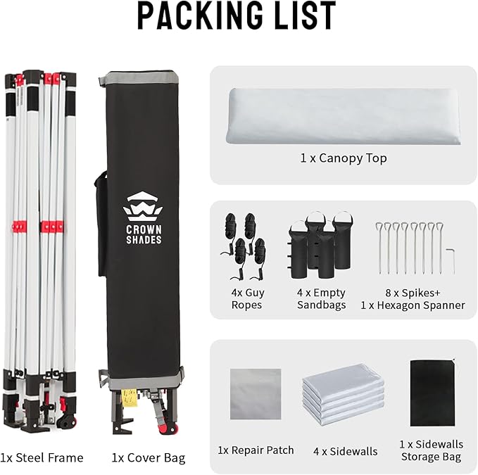 CROWN SHADES 10X10 Comercial Instant Canopy Pop Up Tent with Center Lock, 300D Fabric, 4 Sidewalls, Sto'N Go Bag, White