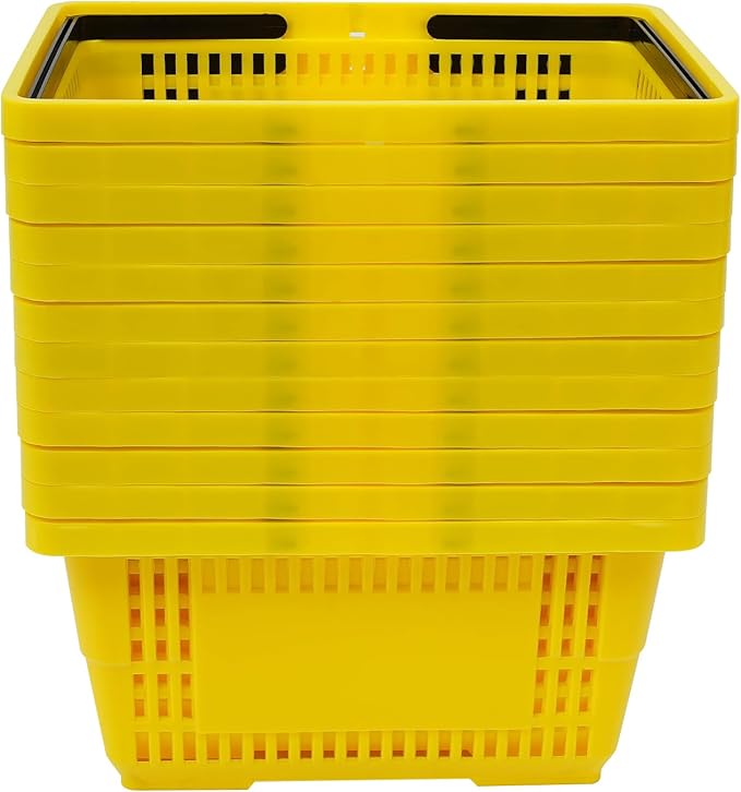 LOYALHEARTDY 12PCS Shopping Baskets with Handles, 21L Plastic Grocery Basket for Retail Store, Supermarket, Grocery Shopping |17" x 12" x 9" Portable Shop Basket (Yellow)