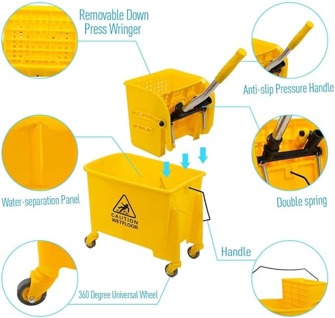 Commercial Mop Bucket with Wheels, 20 Quart Side Press Wringer Combo Mop Bucket with Wringer Combo for Home Hotel Restaurant