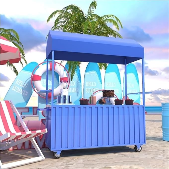 Outdoor Food Vendor Cart with Canopy, Portable Mobile Street Food Stand, Foldable Commercial Vending Trolley Kiosk for Markets and Events(Blue,55.1in)