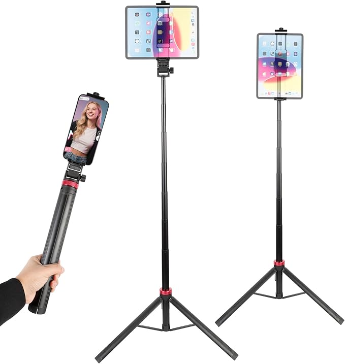 Xik Portable 81" iPad Tripod Stand, Extendable Aluminum Alloy Travel Tablet Tripod Holder, Compatible with iPad Pro, iPhone, Kindle & All 4.7-12.9" Tablets（Extendable Height: 14.4" to 81" ）