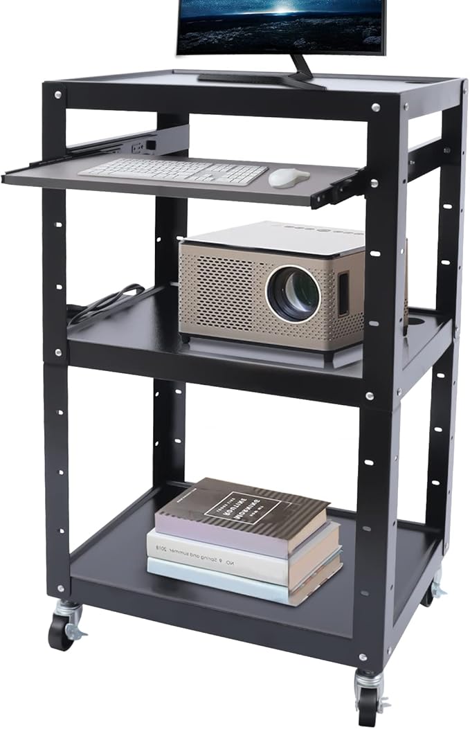 AV Cart on Wheels, Commercial Mobile Utility AV Carts with Wheels, Height Adjustable Top Shelf & Pullout Keyboard Tray, Rolling Presentation and Media Cart for Office, Library