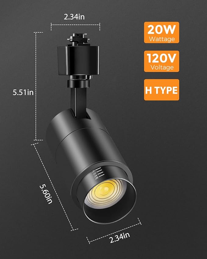 VANoopee 3-Color Zoomable 20W LED Track Lighting Heads H Type Track Light Heads Dimmable Bright Ceiling Spotlight Fixtures for Kitchen, 3000K 4000K 5000K Adjustable, CRI90+ 15°-60° 2000lm Black 6 Pack