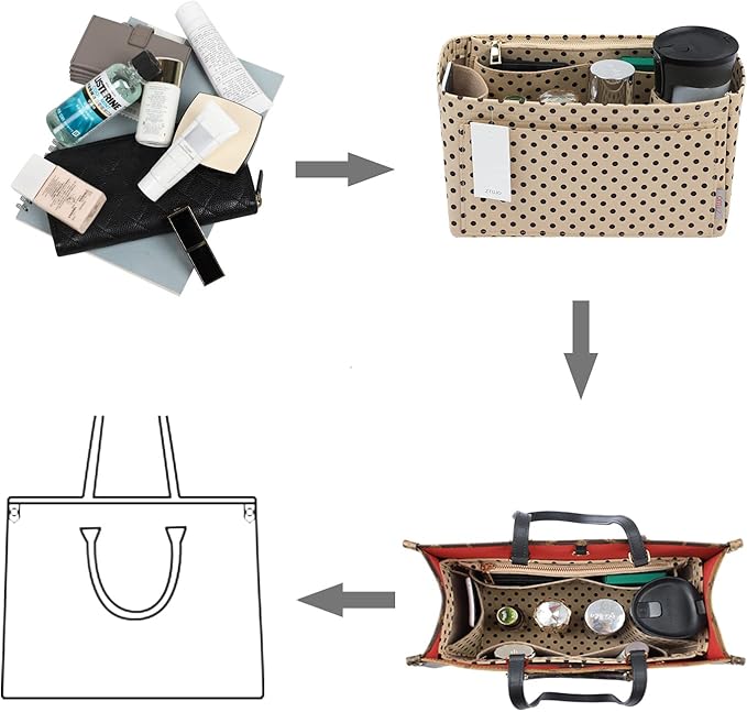 Purse Organizer Insert For Handbags, Silky Touching Bag Organizer Insert With Bottle Holder, Perfect for Speedy, Neverfull, Tote,ONTHEGO ,Artsy,Handbag and More (Slender Large,Brown polk dots Beige)