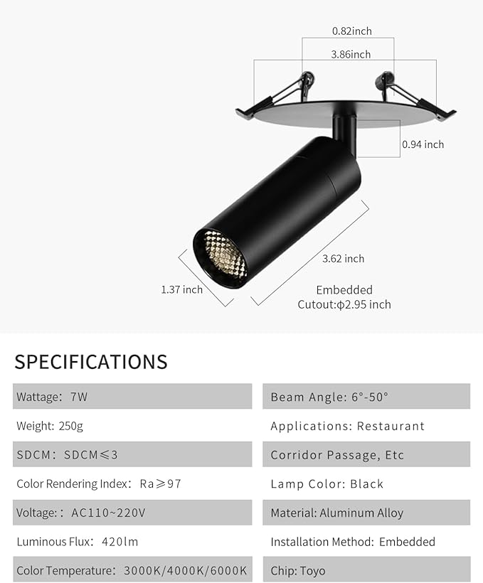 Flush Mount LED Ceiling Spotlight, 7W Zoomable Directional Spot Lights Indoor Bright Can Accent Fixture for Living Room Bedroom - COB Chip CRI 97 Flicker Free