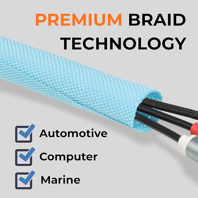 3/8 inch Split Braided Cable Management Sleeve for USB Cable Power Cord Audio Video Cable, High-Temperature Automotive Harness Wire Loom Cord Protector from Cat Dog Chewing (Blue, 10FT)