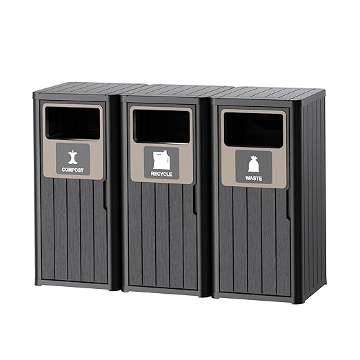 Outdoor Three Barrel Trash Can,Waterproof Resin Garbage Can with Garbage Labels,Durable Waste Bin for Porch, Backyard,Kitchen,for 30 to 39 Gallon Trash Bags