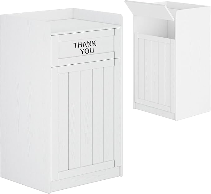 40 Gallon Trash Can Cabinet, Wooden Restaurant Trash Can with Tray Holder, Large Commercial Garbage Cabinet for Restaurant Cafeteria Office, White