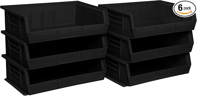 Akro-Mils 30255 AkroBins Plastic Storage Bins, Space-Saving Stackable Bins for Garage, Pantry, Craft Organization, 11-" x 16-" x 5-", Black, 6-Pack