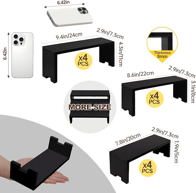 4 Set 12Pcs Black Display Riser for Vendors Event Wood Risers Cupcake Stand 3 Tier Racks Decor Stands Perfume Organizer Dessert Stands for Party