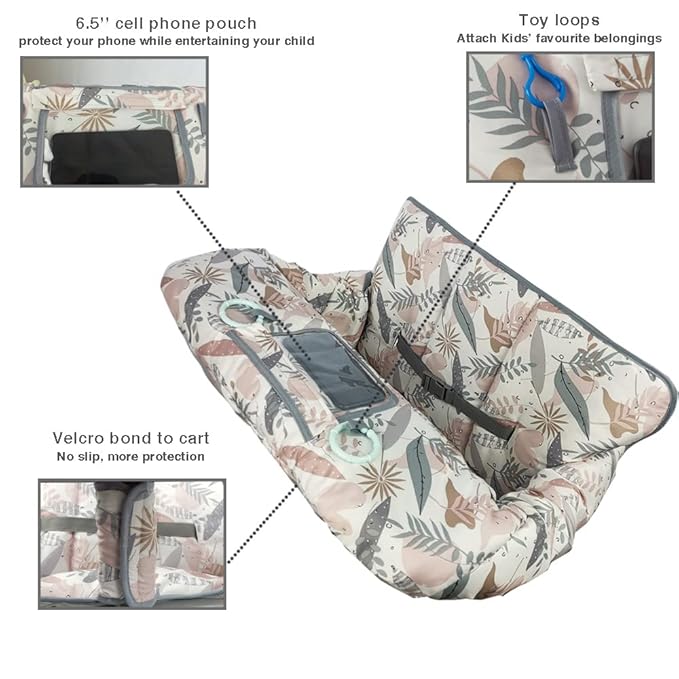 Shopping Cart Cover for Baby, 2 in 1 High Chair Cover for Restaurant seat & Grocery Cart Cover for Babies, Thick Padded with Clear Phone Pouch, Machine Washable, Leaves