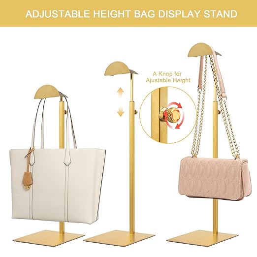 Purse Display Stand, 3 Pack Purse Stands for Display, Gold Heavy-Duty Steel Handbag Hanger Adjustable Bag Holder Purse Rack for Retail, Boutiques, Shop RCS 50% Recycled post-consumer metal