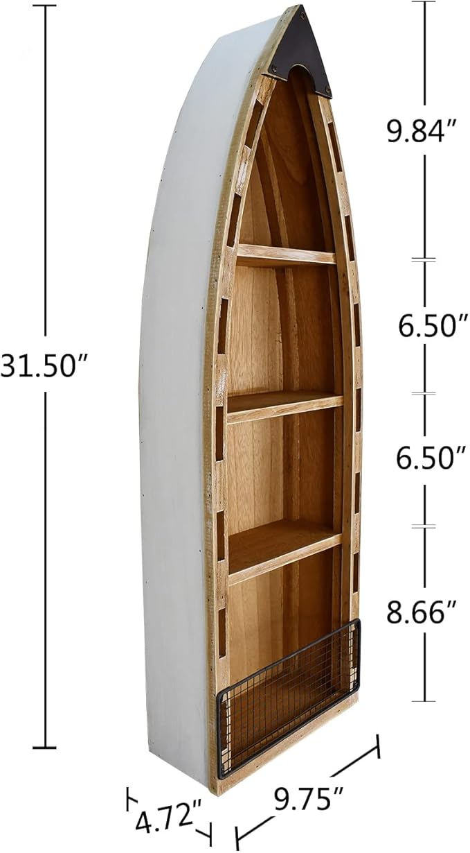 Aecipl Solid Wood Boat Shelf Decorative Nautical Wall Decor Beach Themed Bookcase Large Wooden 4-Tier Display Shelves for Home Kitchen Bedroom Living Room (31.5" H)