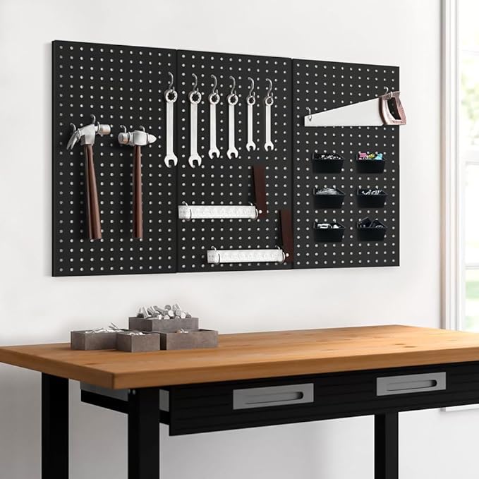 3pcs Heavy Duty Metal Pegboard Panels, Garage Wall Mounted Tool Organizer Peg Board for Garage, Workshop Storage and Workbench (Black)